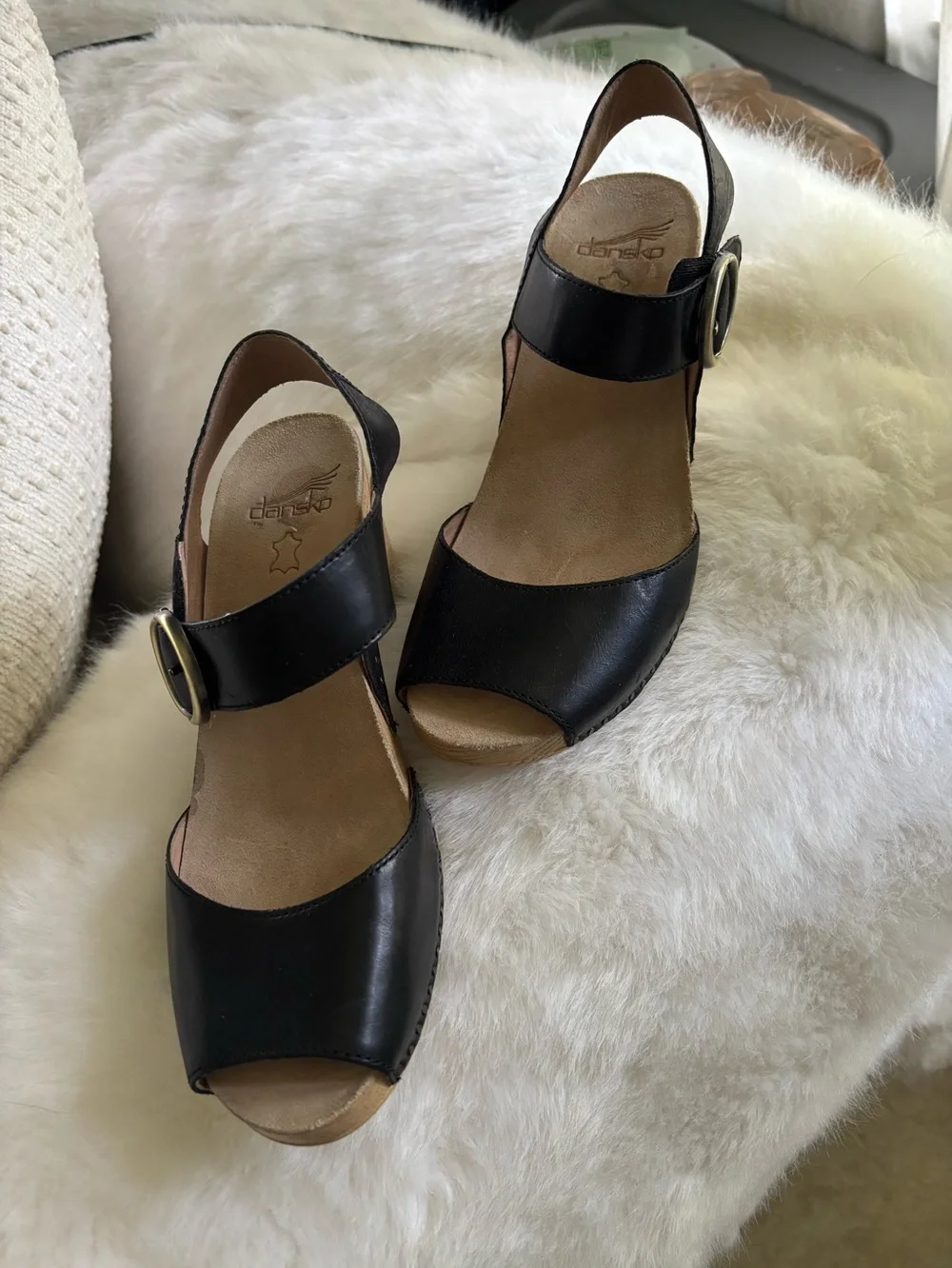 Dansko Black Leather Slingback Wedge Sandals